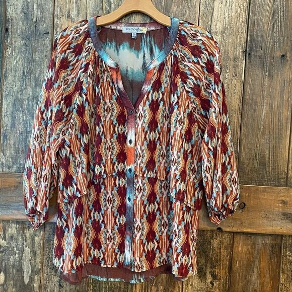 Figueroa & Flower M Turquoise Orange Aztec Ornate Design BOHO Flowy Light Blouse - Picture 2 of 11